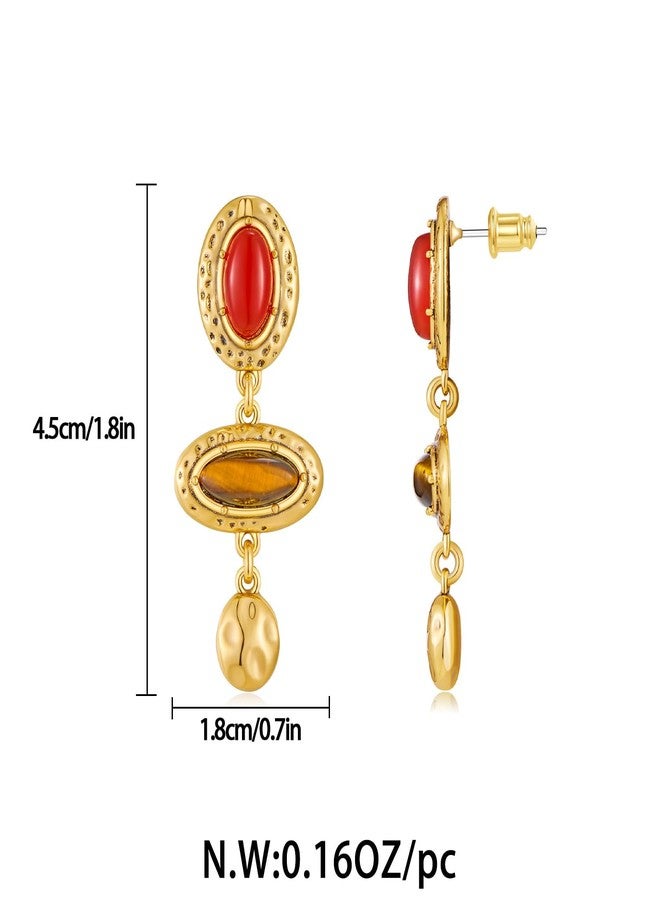 FAUTHENTICUTE Vintage Gold Dangle Earrings For Women Antique Gold Metal Settings With Imitation Red Carnelian And Brown Tiger Eye Stone Cabs Unique Earrings Gift - Image 5